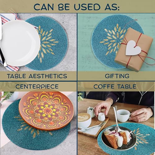 ALPHA Living HOME Beaded Table Mat, 13" Round, Gold Teal - color: Gold Teal, size: Set of 1