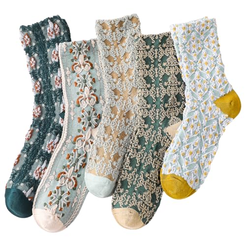 5/6 Pair Crew Socks for Women Floral Socks - color: Green, Blue, Brown Argyle Floral