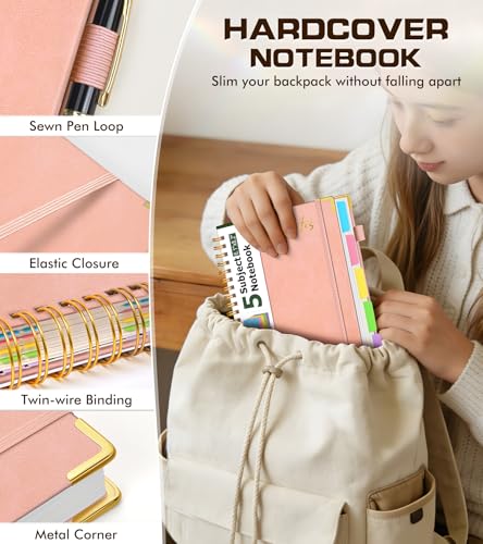5 Subject Spiral Notebook Journal with Removable Dividers Tabs, 300 Pages Organizer Notebooks for Work School, A5 Hardcover Leather Notebook College Ruled, Lined Journal for Women Men，Pink - color: Pink, size: A5