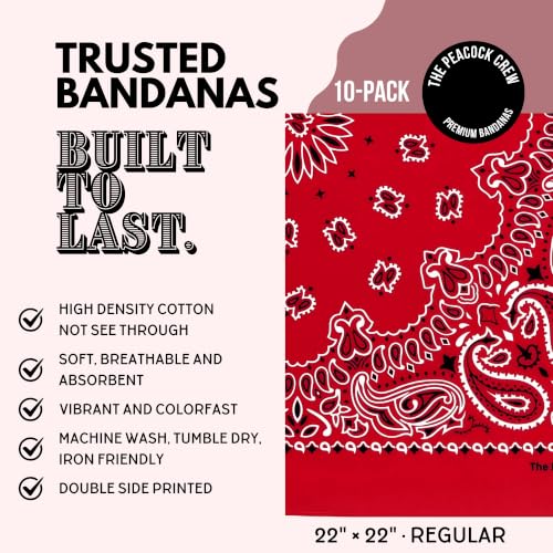 The Peacock Crew Premium Soft Cotton Bandanas Pack for Men and Women Paisley 22 x 22 inches - color: Pack of 10 Original Red