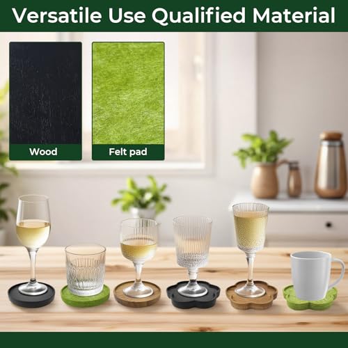 Acacia Wood Coaster Set of 8 with Holder - Dual-Material Design (4 Wood & 4 Absorbent Felt Pads) - 3" Non-Slip Furniture Protectors for Coffee Table, Home Bar & Office, Round Coaster Set