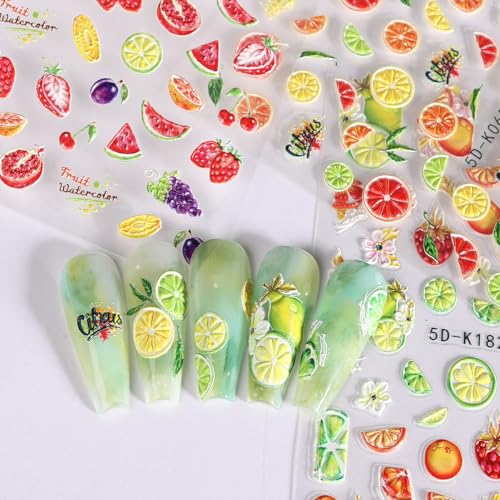 5D Embossed Fruit Nail Art Stickers 6PCS Self-Adhesive Nail Decals Orange Lemon Strawberry Cherry Watermelon Leaves Flowers Design Summer DIY Manicure Decorations Nail Accessories for Women - style: 5D Fruit Styles