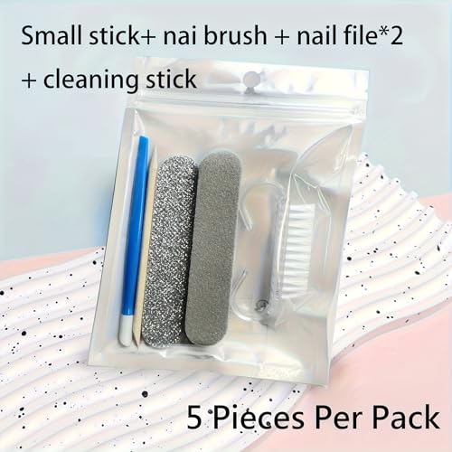5PCS Nail Care Kit with Mini Nail File, Cuticle Pusher & Nail Cleaning Tools, Portable Manicure & Pedicure Set, Pink or Gray (PINK)