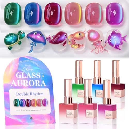 Double Rhythm Cat Eye Gel Nail Polish Set of 6 Same Color Same Bottle 0.5 Oz Shimmer Glitter with Magnet Holographic Reflective Magnetic UV Nail Polish Kit at Home (Glass Galaxy Green-T6-59) - color: Glass Aurora