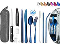 Portable Reusable Travel Utensils Silverware With Case, Camping Cutlery Set, Chopsticks and Straw, Flatware With Case, Stainless Steel Top (Blue) - color: Blue