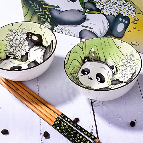 Ceramic Rice Bowl with Chopsticks Set of 2, 4.5" Porcelain Cereal Bowls - color: LPD