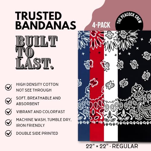 The Peacock Crew Premium Soft Cotton Bandanas Pack for Men and Women Paisley 22 x 22 inches - color: Pack of 4 Black White Red Navy