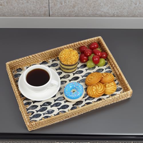Rectangular Rattan Serving Tray with Mother of Pearl Inlay, Black Fish - color: Black Fish
