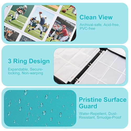 50 Pack 9 Pocket Card Binder, 3 Ring Premium Zip Trading Card Binder, 900 Large Capacity Top Loading Card Storage Album, PU Card Collection Binder for TCG, MTG, Baseball Hockey Sport Cards, Teal - color: Teal