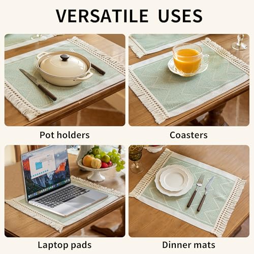 Boho Woven Placemats Set of 4, 14x18 Inch Heat Resistant Dinner Mats - color: Green Bd
