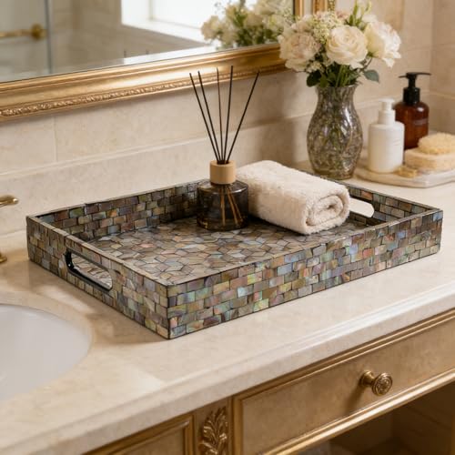 Rectangular Mother of Pearl Serving Tray, Handmade Ottoman Decorative Shell Tray with Handles for Fruit Bread Tea Breakfast Coffee Table Party Home Decor (Dazzling Mosaic) - color: Dazzling Mosaic