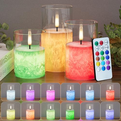 Battery Operated Flameless Candles with Remote & Timer, 12Color Glass 3Pack - color: Multicolor