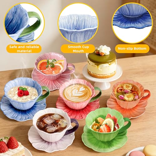 10 oz Tea Cups and Saucers, Ceramic Flower-shaped Cappuccino Cup, Latte Cup and Saucer set, elegant floral Espresso Cup set, Suitable for microwave and dishwasher-Orange - color: Orange