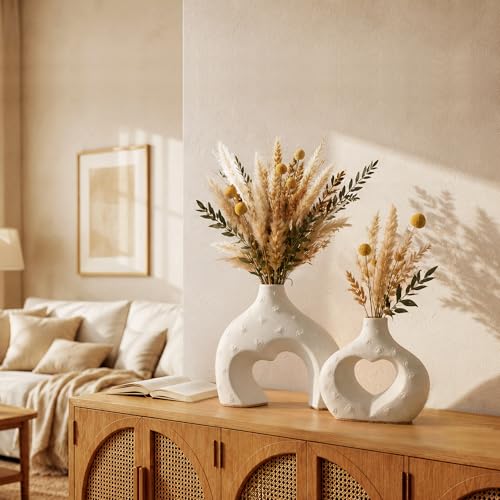 White Ceramic Flower Vases Table Decor Heart Shaped Vase Set of 2 - color: Large Cream White