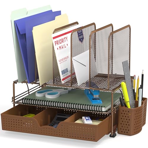 Simple Houseware Desk File Organizer for Office Supplies w/Drawer, Copper - color: Copper