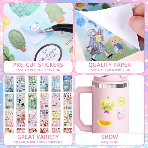 800Pcs Japanese Sticker Book for Journaling Adult, Cute Scrapbook Stickers - style: Di 40 Sheet rectangular Pink Blue