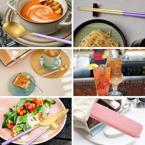 AARainbow 8 Pieces Stainless Steel Flatware Set Portable Reusable Cutlery Set Travel Utensils Set Including Chopsticks Knife Fork Spoon Straws Cleaning Brush Dishwasher Safe (B-Purple Golden) - color: B-Purple Golden