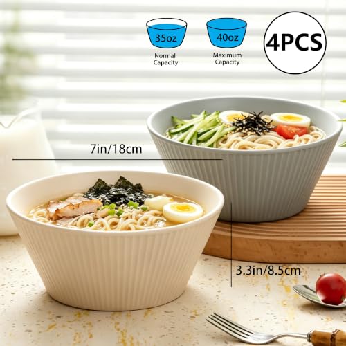 Ceramic Ramen Bowls, 7Inch Soup Bowls, 40OZ, Beige&Grey, Set of 4