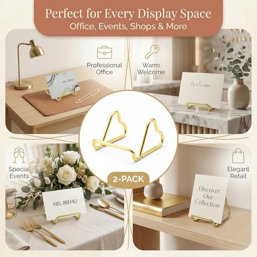 2 Pcs Cute Gold Metal Heart Business Card Holder for Desk - color: gold