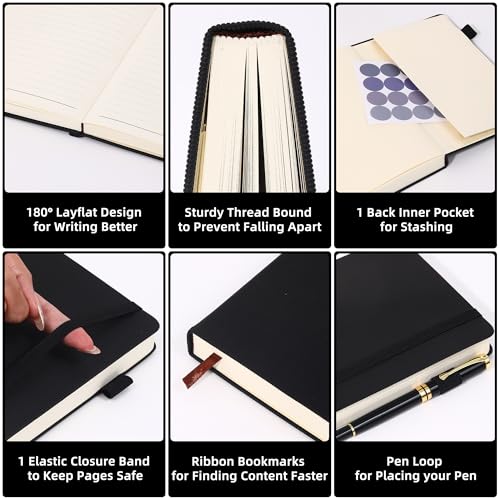 BOBO RABBIT Lined Journal Notebook for Work 100 GSM Thick Paper 300 Pages College Ruled A5 Notebook Hardcover Leather Journal for Writing School Office, 5.63"x8.43" - color: A-Black