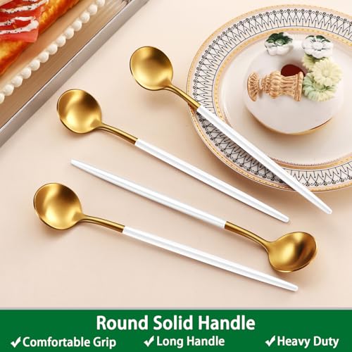 9 Inches Satin Gold Stainless Steel 18/10 Iced Teaspoons With White Handle,Set Of 4 Latte Spoons,Long Handle Coffee Stirring Spoons,Sundae Spoon For Mixing Cocktail Spoon - color: Gold-White Handle, size: 9 Inch