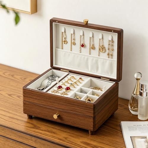Black Walnut Wooden Jewelry Box with Feet, 3 Layer Organizer for Women - color: 3 Layer with Feet