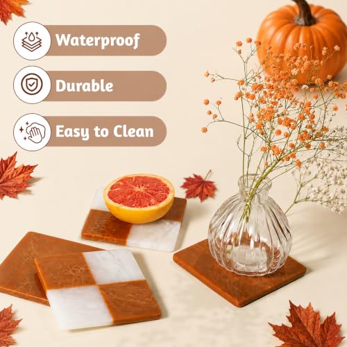 Folkulture Cute Fall Coasters, Set of 4, Non Slip, Easy to Clean - 4 Inch - color: Checkered - Rust
