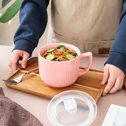 Ceramic Soup Bowl with Handle & Lid, Large 32oz Microwave Ramen Bowl Pink - color: Pink-32, size: 32 OZ