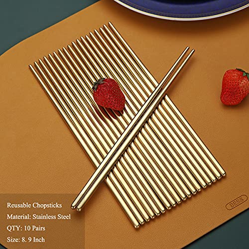 10 Pairs Reusable Chopsticks, Titanium Gold Plating Stainless Steel Metal Chop Sticks, Japanese Chinese Korean Chopstick Dishwasher Safe, 8.9 Inch (Gold / Chop sticks) - color: 3. Gold