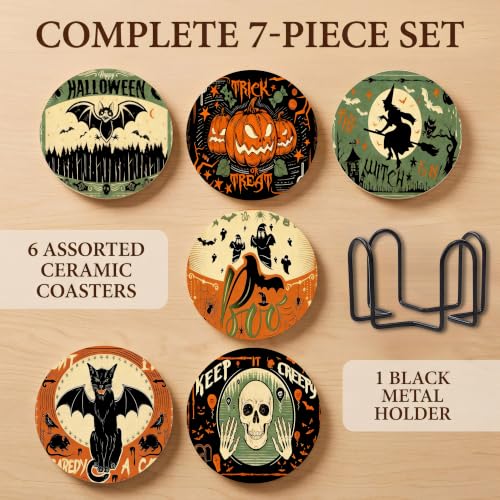 Nikyi 6 Pcs Halloween Vintage Pumpkin Ceramic Coasters, Round Absorbent Drink Coaster with Metal Holder and Cork Base, Ghost Skull Scary Cat Coaster for Coffee Table Kitchen Office Home Decor Gifts - color: Halloween Vintage Pumpkin Scary Cat