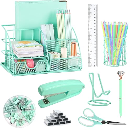 KAAKOW Green Desk Organizers and Accessories Office Supplies Set Stapler, Pen Holder, Phone Holder, Scissors, Pen, Ruler, 30 Paper Clips, 22 Binder Clip, 20 Tacks and 1000pcs Staples - color: Green