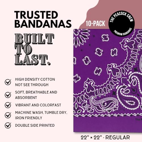 The Peacock Crew Premium Soft Cotton Bandanas Pack for Men and Women Paisley 22 x 22 inches - color: Pack of 10 Royal Purple