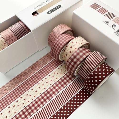YUBBAEX 6 Rolls Plaid Washi Tape Set, Grid Pattern Masking Tape Classic Checkered Design Decorative for DIY Crafts, Bullet Journal Supplies, Planners, Scrapbook, Card/Gift Wrapping (Red) - color: Red