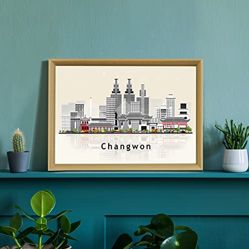 Pera Print Changwon Poster, South Korea Illustration Skyline City Poster, Modern Skyline Changwon Poster, Cityscape and Landmark Print, Home-Office Wall Art Decoration - 12x18 Inches - color: Changwon - South Korea, size: 18"L x 12"W