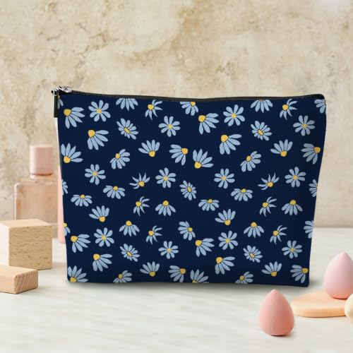 Boho Makeup Bag, Dark Blue Daisy Makeup Organizer Cosmetic Bags for Women - color: CuteDaisy02