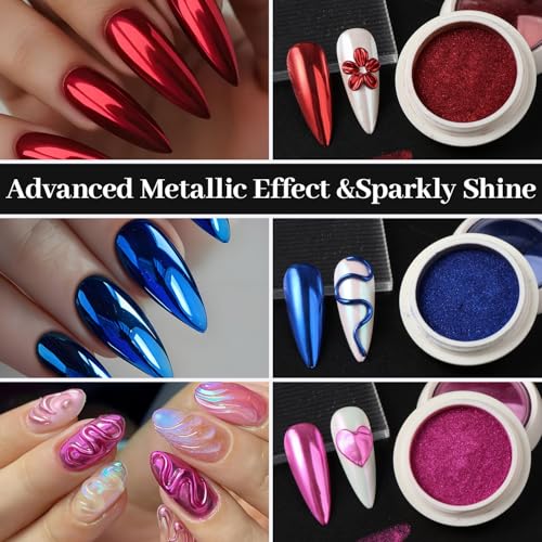 Chrome Nail Powder for Nails - 16 Colors Kit with 8 Brushes, Mirror Metallic Gold Silver Red Blue Aurora Pearl Iridescent Mermaid Shimmer Glitter for Home DIY Salon Nail Art Supplies