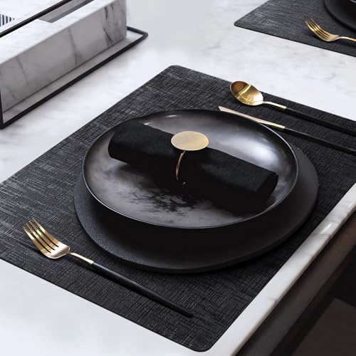 Faux Leather Placemats Set of 4, 12 x 17 Inch, Waterproof Wipeable Heat Resistant Non Slip Table Mats for Dining Table, Kitchen, Indoor Outdoor, Black Gold - color: Leather Black Gold