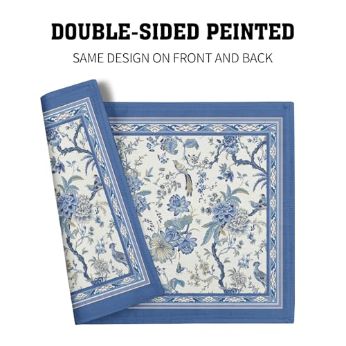 Giwawa 4PCs Chinoiserie Placemats Blue White Floral Birds Decorative Linen Table Mat 12"x18" Oriental Style Classic Flowers Heat Resistant Washable Place Mats for Kitchen Dining Party - color: Chinoiserie Bird