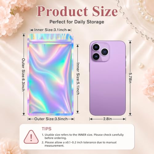 Funfery 100 Pcs Resealable Clear Holographic Bags,Smell Proof,3.5x6.3in - color: Holographic, size: 3.5x6.3 inch