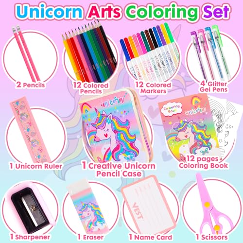 Washable Markers Set with Glitter Pencil Case, Art Supplies for Kids Ages 4-6-8, Arts Crafts Travel Coloring Kit for Girls 4 5 6 7 8 Year Old Birthday Gifts - color: Unicorn