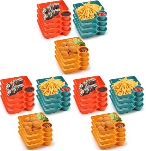 Lawei 12pcs Chip Dip Serving Platter Set, Plastic Dumpling Plates with Sauce Compartment, Square Serving Dish Sushi Plates, Small Dip Tray for Appetizer, Taco Salsa, Fruit, Charcuterie (Pack of 3) - size: Multi-color (Pack of 3)