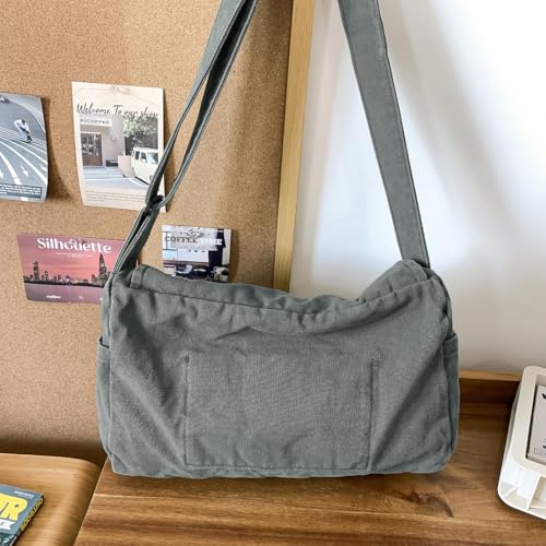 Messenger Bag for Women Men Satchel Bag Canvas Crossbody Shoulder Bag Casual Sling Bag - color: Dark Grey
