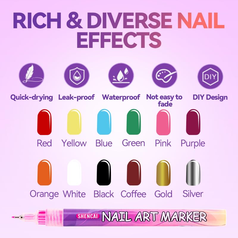 12 Colors Nail Art Pens Set, 3D Nail Color Pens, Quick-Drying Paint Pens, Dotting Liner Brush for DIY Nail Design, Home & Salon Manicure Tools