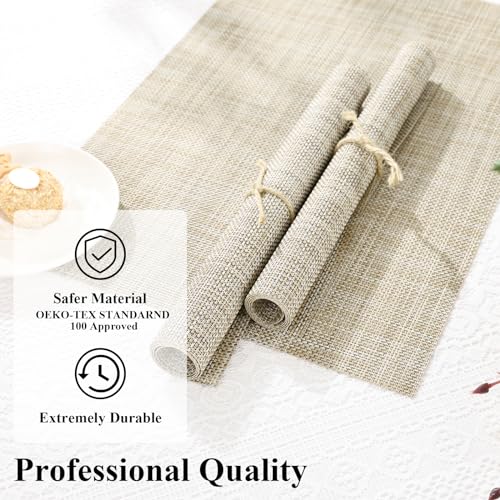 SHACOS Placemats Set of 4 Woven Vinyl Reversible Plastic Durable Place Mats Wipeable Stain Resistant Kitchen Dining Table Mats Indoor Outdoor Table Placemat, Beige - color: Beige, size: Set of 4