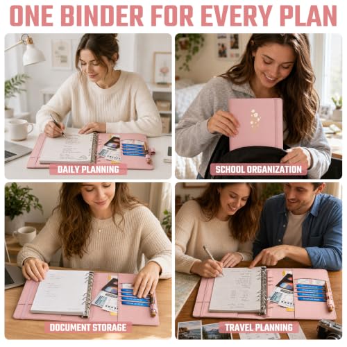 Ovesmusl Aesthetic A5 Binder 6 Ring, PU Leather Refillable Planner Cover - color: Pink-flowers, size: A5