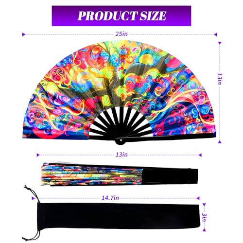 13 Inch Large Rave Fan & Clack Fan for Line Dancing - Folding Hand Fan with UV Glow for Boots on The Ground, Performance, Wedding, Party - Portable Handheld Fan for Women & Men - color: Life Tree*1