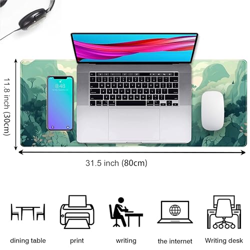 Cute Pastel Mint Green Forest Sage Desk Mat Anime Large Gaming Mouse Pad XL, Aesthetic Sunrise Laptop Computer Keyboard Mouse Mat, Women Office Desk Decor Cover Mat with Stitched Edges 31.5"x11.8" - color: Mint Green Forest