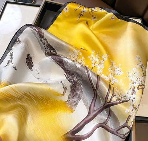 JERLA 100% Mulberry Silk Neck Scarf 21"x21" Small Square Scarfs for Women Gift Packed - color: Yellow Tree