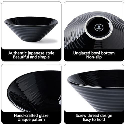 BICETTO Premium Porcelain Ramen Bowl Set 52oz, 8.5inch - Durable & Stylish - Perfect for Ramen, Pho, Soup, Salad, and Noodles - Microwave & Dishwasher Safe - Elegant, Lightweight, Ebony Grace