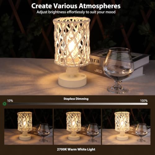 Cordless Outdoor Table Lamps, Small Rattan Boho, Rechargeable Battery Operated for Outdoor Patio, Home, Living Room, Bedroom, Bedside - Set of 2 (Ivory) - color: Ivory